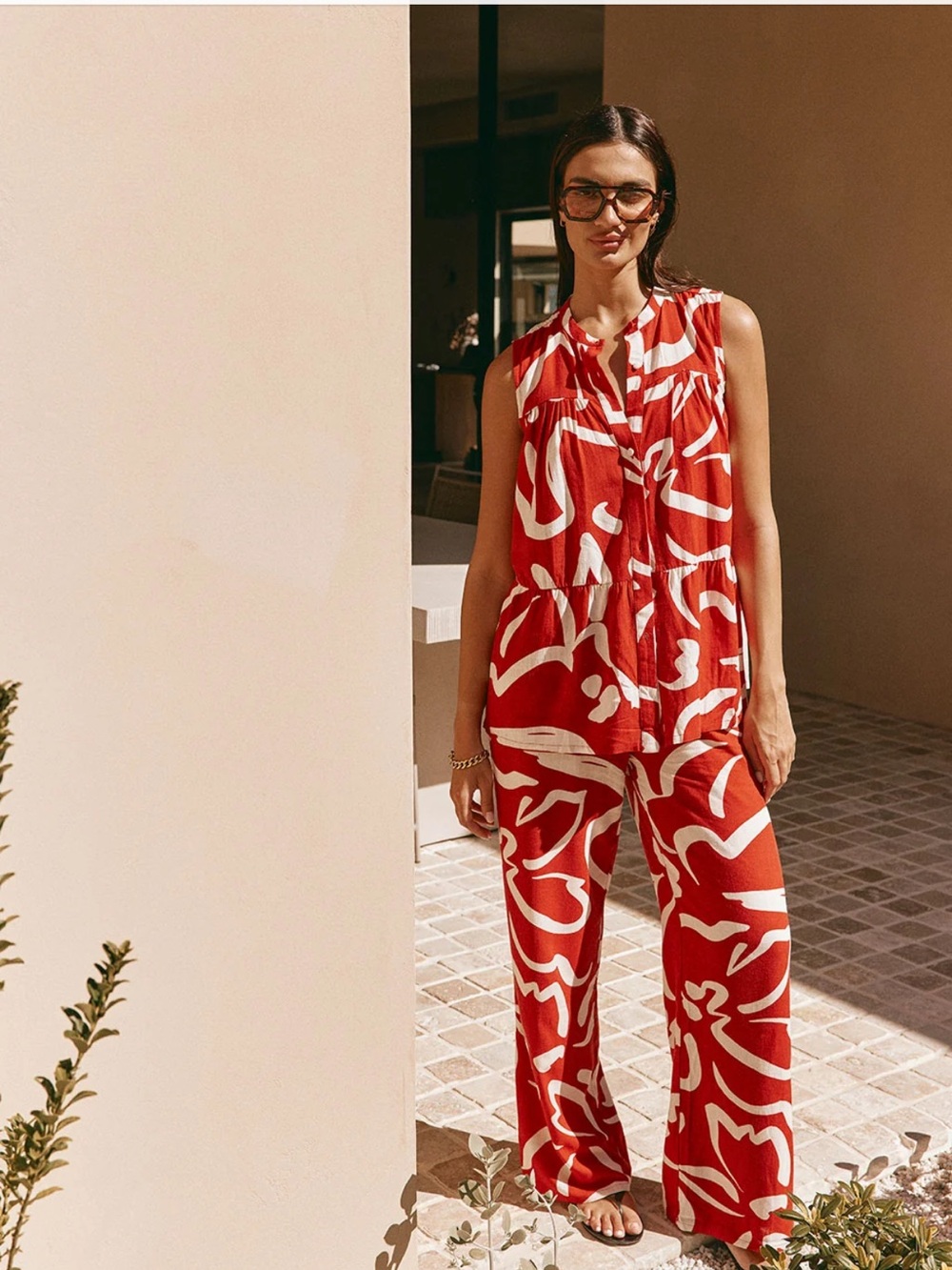 SABO Sleeveless Red & White Printed Matching Pant Suit (MATERNITY CAPABLE)